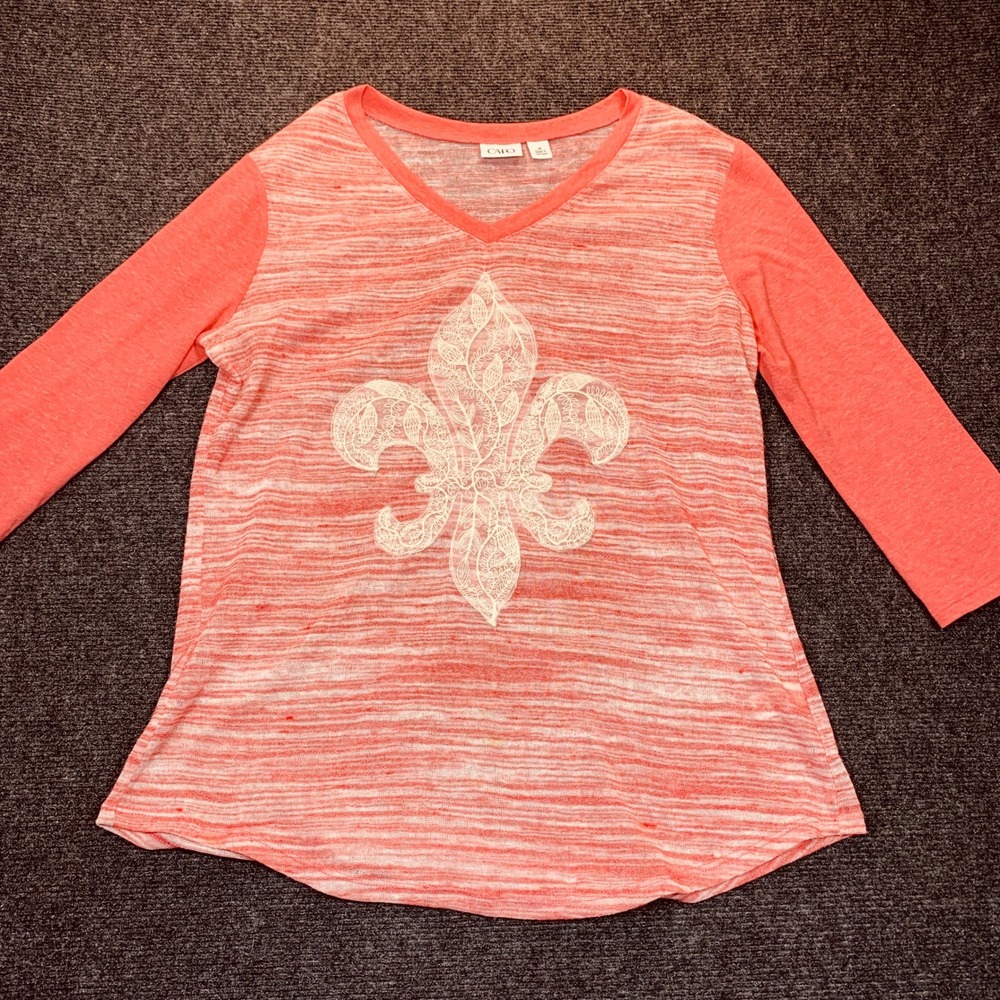 Lace Fleur De Lis Graphic Top M Coral Sheer Slub V-Neck 3/4 Sleeve Linen Blend